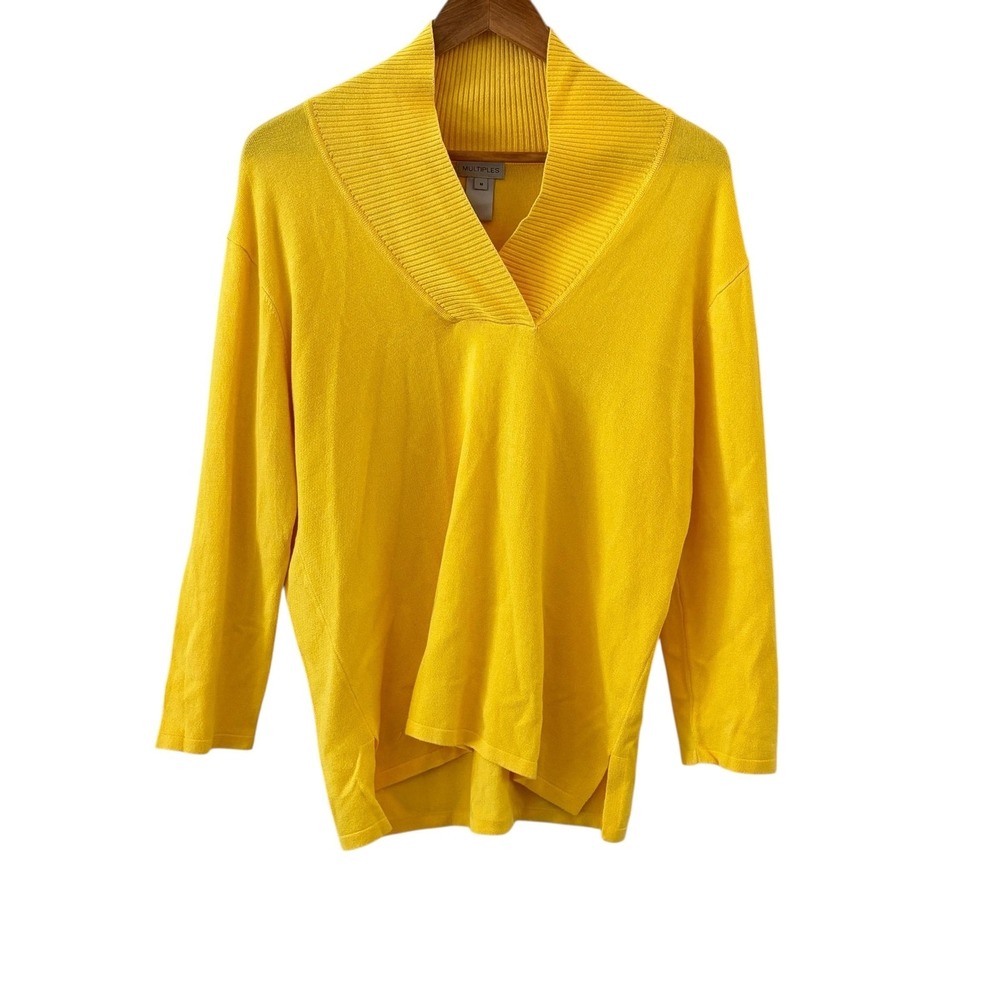Multiples V Neck Pullover Sweater Womens Size‎ M Yellow 3/4 Sleeve Minimalist